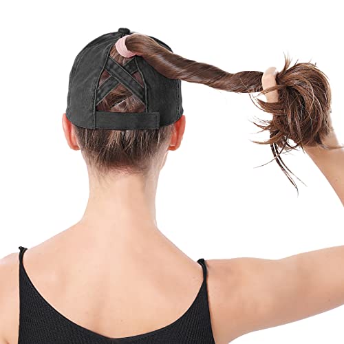 Criss Cross Ponytail Hat Women Washed Distressed Baseball Caps Adjustable High Messy Bun Ponycap - color: B - Denim Black