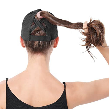 Criss Cross Ponytail Hat Women Washed Distressed Baseball Caps Adjustable High Messy Bun Ponycap - color: B - Denim Black
