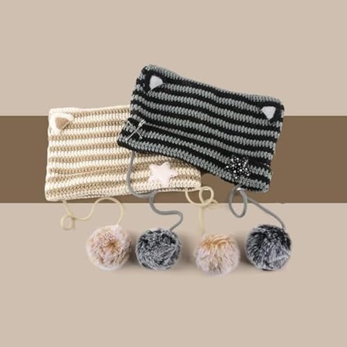 Women Kawaii Cat Ear Beanie Hat with Star Pom Poms Y2K Cute Crochet Goth Grunge Emo Alt Accessories Knit Slouchy Hat - color: Black Grey