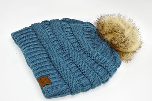C.C Trendy Fuzzy Fleece Lined Warm Comfortable Soft Stretch Cable Knit Ribbed Faux Fur Pom Pom Beanie Hat - color: Teal Blue