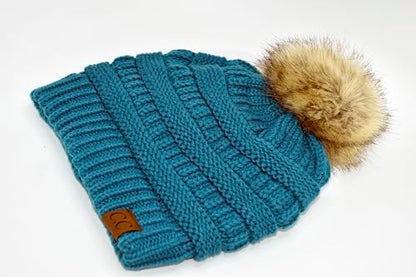 C.C Trendy Fuzzy Fleece Lined Warm Comfortable Soft Stretch Cable Knit Ribbed Faux Fur Pom Pom Beanie Hat - color: Teal Blue