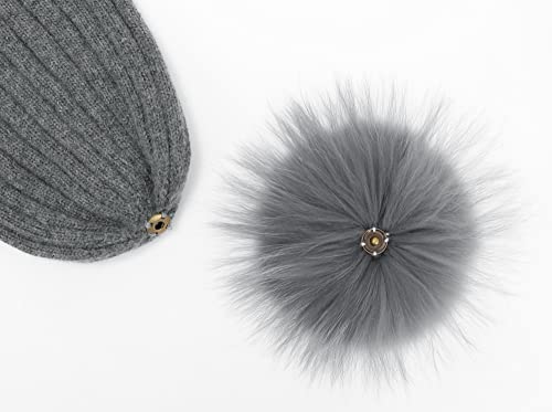 Women Real Fur Pom Pom Winter Ribbed Cuffed Knit Beanie Hat - color: Darkgrey 3