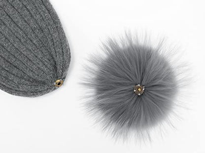 Women Real Fur Pom Pom Winter Ribbed Cuffed Knit Beanie Hat - color: Darkgrey 3