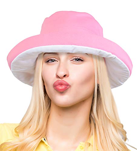 Women's Wide Brim Sun Protection Hats with Flap Neck Cover for Traveling Hiking Safari Boating Driving Gardening - color: Pink/White