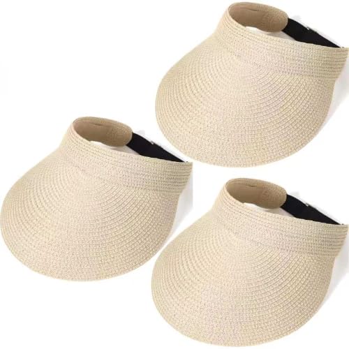 3 Pack Women Straw Sun Visor Hats, Wide Brim UV UPF 50+ Protection Beach Visor, Packable Adjustable Summer Hats for Traveling - color: Beige+beige+beige