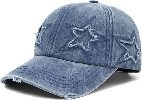 Retro Washed Distressed Baseball Cap with Five Pointed Stars for Women Men - color: Navy