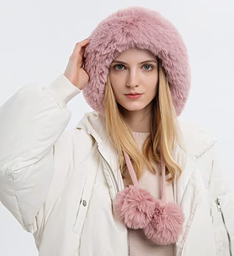 Winter Beanie Hats for Women with Ear Flaps Faux Fur Crochet Skull Cap Warm Outdoor Ski Snow Hats Pompoms - color: Pink
