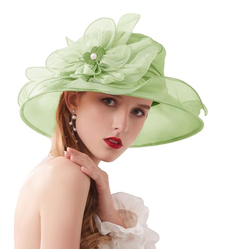 Women's Kentucky Derby Church Dress Hat Wide Brim Leaf Flower Bridal Shower Hat - color: T1 Green