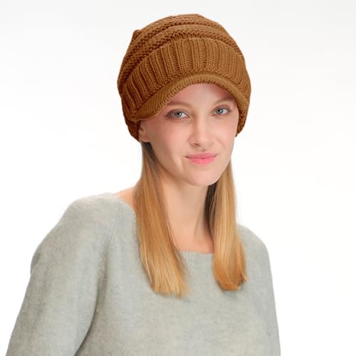 C.C Trendy Warm Oversized Chunky Soft Oversized Ribbed Slouchy Knit Hat with Visor Brim - color: Clay