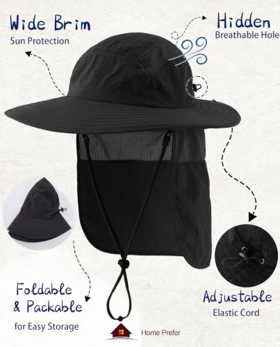 Home Prefer UPF 50+ Sun Hat with Neck Flap Wide Brim Fishing Hat for Men - color: Black