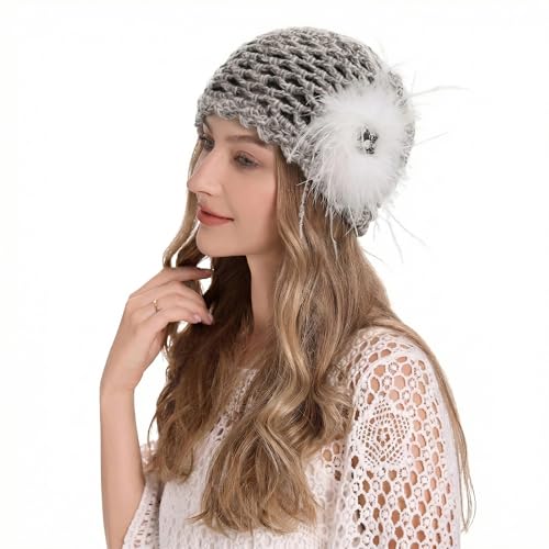 ZLYC Women Crochet Beanie Hat Summer Handmade Knit Decorated Skull Cap - color: Feather White Mixed Gray