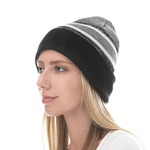 Winter Knit Beanie Hat with Pom Pom – Warm Cuffed Slouch Ski Cap for Men & Women - color: 2.black and Gray