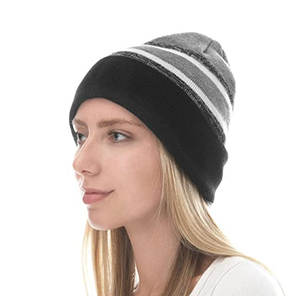Winter Knit Beanie Hat with Pom Pom – Warm Cuffed Slouch Ski Cap for Men & Women - color: 2.black and Gray