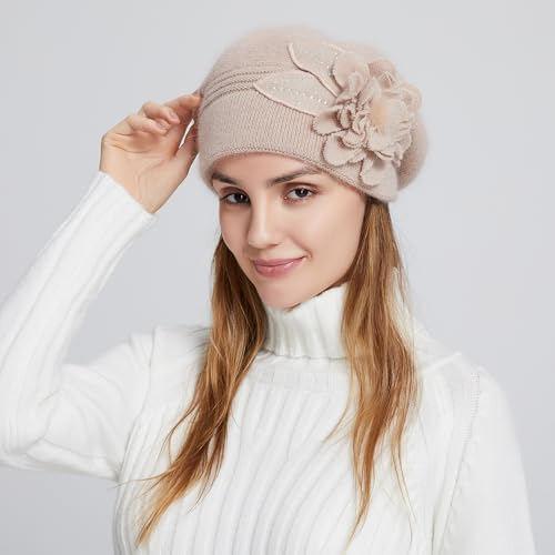 Flower Women Beret, Double Layer Thickened Winter Knitted Beanie Beret Hat, Stylish French Dress Beret Hats for Women - color: Khaki