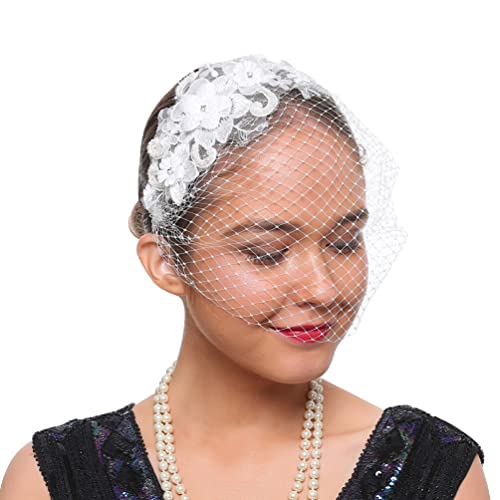 Beaupretty Womens Fascinators Hat Bridal Wedding Veil Mesh Lace Headband Tea Party Headwear Fascinator Veil Headband - color: White