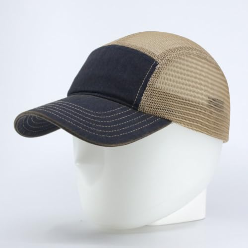 Washed Cotton Twill Five Panel Adjustable Camper Caps - color: Dirty Wash Navy/Khaki Mesh