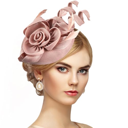 Zinniday 2026 Victoria Derby Fascinator - Kentucky Church Hats 1920s 50s Vintage Tea Party Hat with Hair Clip for Women - color: Nude Pink