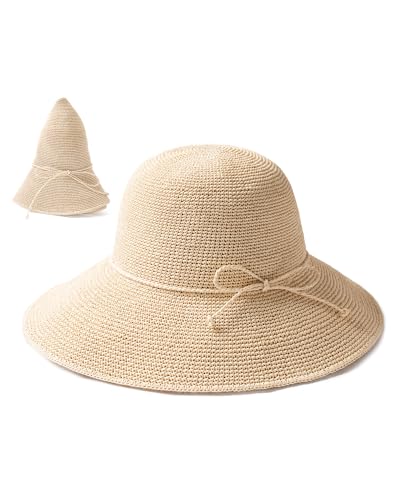 FURTALK Beach Sun Hat for Women Foldable Packable Handmade Straw Hats Sun Protection Floppy Travel Essentials - color: Beige, size: Medium-Large