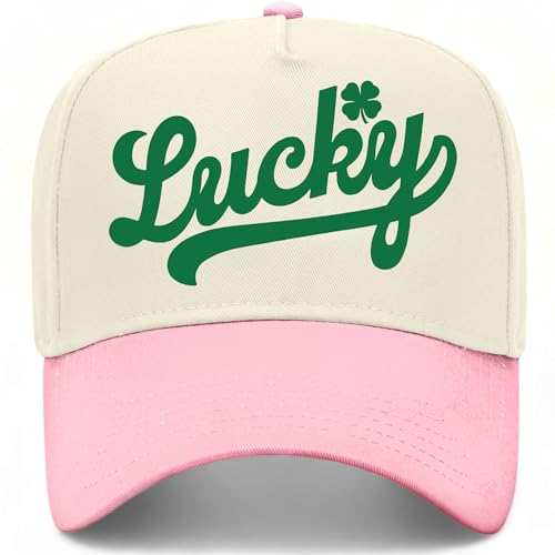 Lucky Cursive Hat | Premium Adjustable Snapback Baseball Trucker Hats for Men & Women - color: Pink/Natural