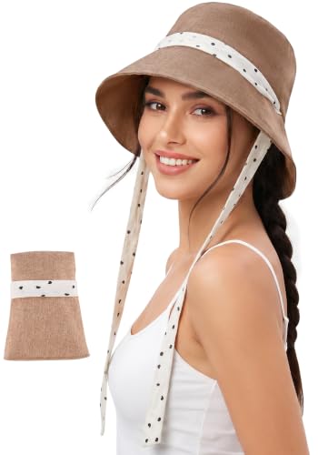 Babalet Linen Blend Sun Hat for Women Wide Brim Beach Bucket Hat - color: Khaki- Ponytail Opening