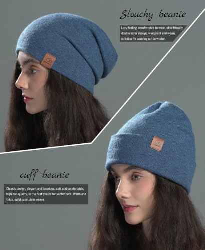 jaxmonoy Slouchy Knit Beanies Winter Hats for Women Men Soft Warm Reversible Slouch Cuffed Skull Knitted Beanie Cap - color: Denim Blue