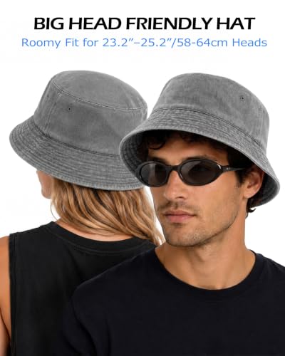 Zylioo XL XXL Bucket Hat for Big Heads, Washed Cotton Sun Hat - color: Gray-lined, size: X-Large