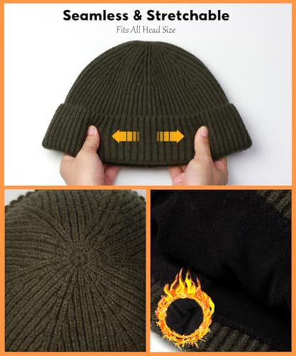 Heniho Wool Fleece Lined Fisherman Beanie for Men, Winter Warm Hats Cuffed Knit Watch Cap Trawler Hat - color: 2pack K- Black&army Green