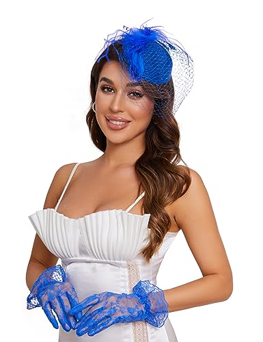 20s 50s Pillbox Derby Fascinator Hat Veil Feather Fascinators Hair Clip Wedding Tea Party Hat and Short Lace Gloves for Women - color: Blue
