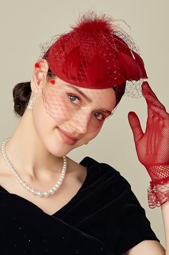 BABEYOND Fascinators Hats for Women Tea Party Pillbox Derby Wedding Hat - color: Winered