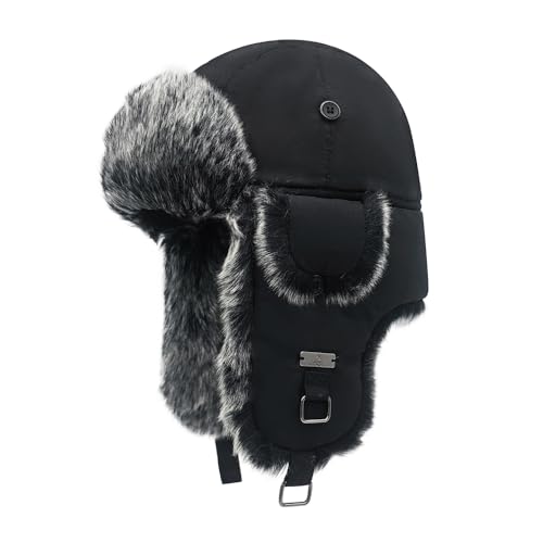Winter Trapper Hat,Warm Faux Fur Aviator Hat,Russian Trooper Hunting Ski Hat with Ear Flaps for Men & Women - color: Black -3, size: Large
