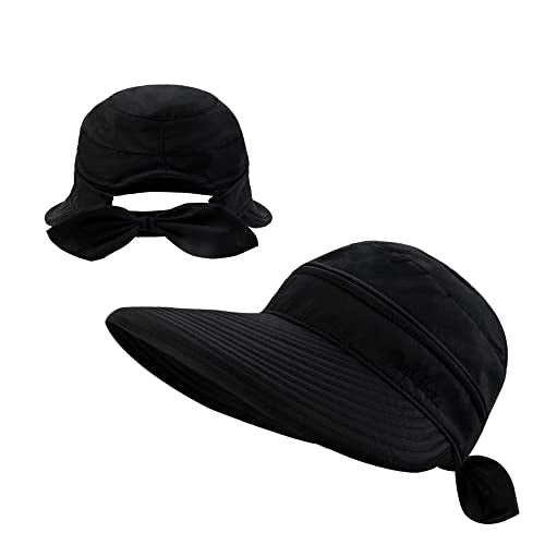 Womens Large Brim Sun Hat Uv Protection 2 in 1 Zip-Off Sun Protection Visor Beach Hat Packbale Foldable - color: Black