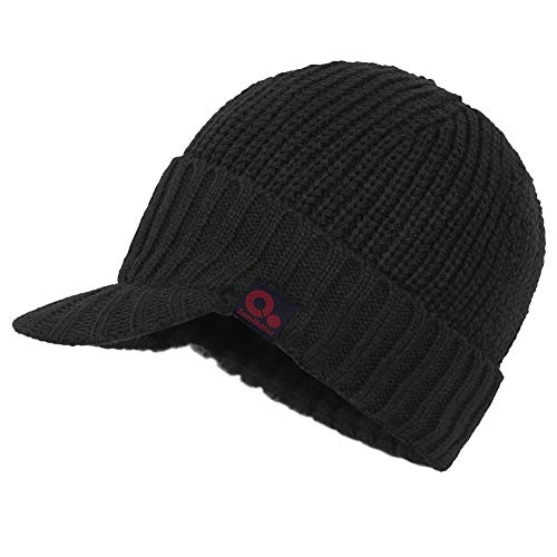 Janey&Rubbins Men‘s Stylish Knit Visor Brim Beanie Hats Fleece Lined Skull Ski Caps - color: Black