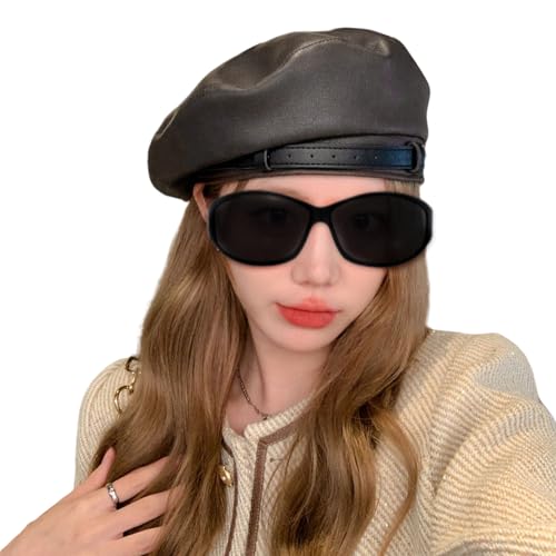 MINGSEECESS Women PU Leather French Black Beret Hat Causal Beanie Hat - color: Belt-brown