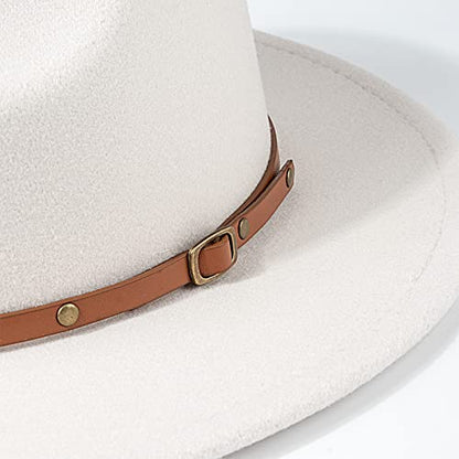 DRESHOW Women Classic Felt Fedora Wide Brim Floppy with Belt Buckle Panama Hat - color: 1 Pc Fedora Hat: Beige