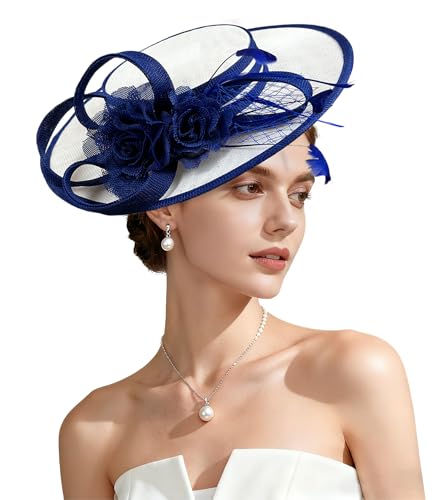 Kgromfy Fascinator Hat for Women Tea Party Hat Flat Top Church Hats Wedding Headband Vintage Lady Headwear for Derby Cocktail - color: Royal Blue