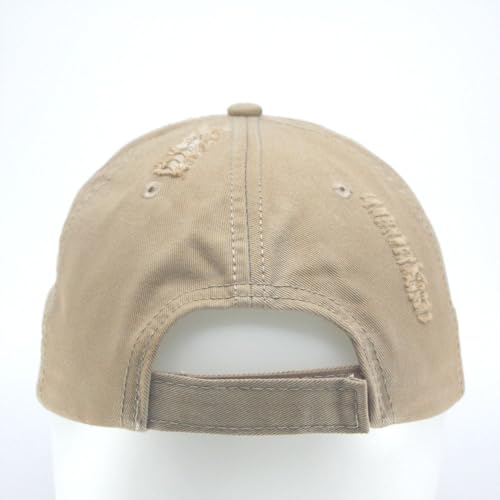 Washed Cotton Distressed with Heavy Stitching Adjustable Baseball Cap - color: Distressed Tea Stained Khaki