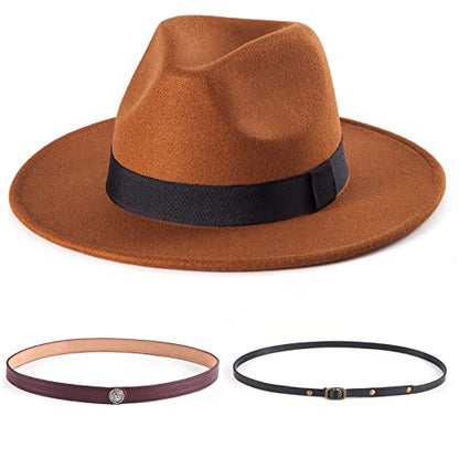 Felt Wide Brim Fedora Hats for Women Men, with Band Belt Buckle, Adjustable - color: P16 Dark Camel