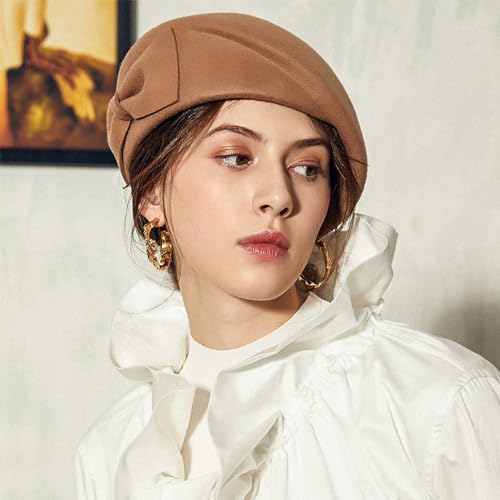 Wedding Hats for Women Vintage Wool Felt Berets Ladies Pearl Fascinator Autumn Winter Cap Bow Church Fedoras - color: Camel 3