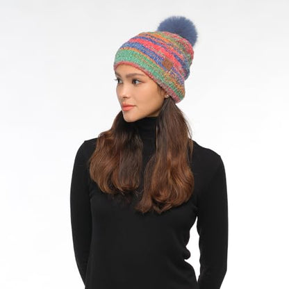 C.C Multi Color Space Dye Wool Stretchable Soft Warm Pom Beanie with Faux Fur Pom Knit Winter Skully Hat. - color: Red Combo