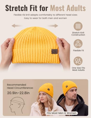 Durio Unisex Silk Lined Beanie Double Layered Winter Hats - color: Yellow