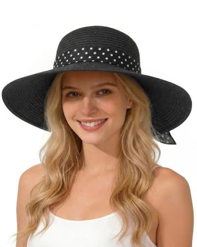 Sun Beach Straw Hats for Women, Summer Wide Brim Hat - color: Light Black, size: Large