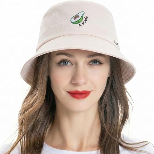ZLYC Cotton Bucket Hat for Women Men Embroidered Packable Summer Sun Cap - color: Avocado Beige
