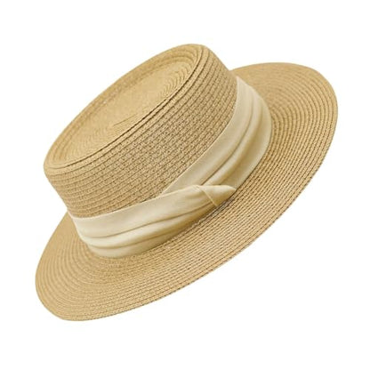 Straw Sun Hat Wide Brim Panama Boater Hat for Women & Men - Lightweight Foldable Summer Beach Hat for Vacation - color: Beige