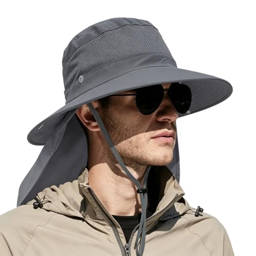 Outdoor Sun Hats with Stowable Neck Flap for Men Women UPF 50+ Mesh Summer Bucket Hat Wide Brim for Fishing Safari Hiking - color: Dark Grey