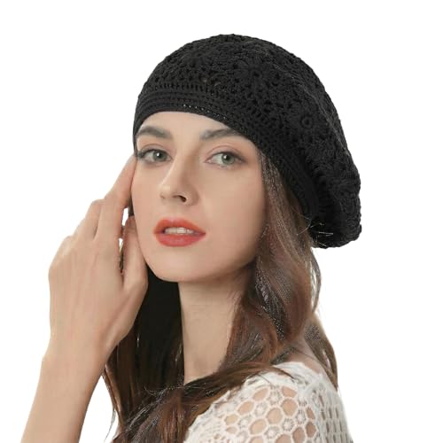 ZLYC Women Cotton Slouchy Crochet Beret Handmade Cutout Floral Beanie Hat - color: Plain Black