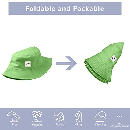 Kids Sun Hat Smile Face Bucket Hat for Girls Boys Summer Sun Protection Cotton Unisex Beach Cap - color: Green