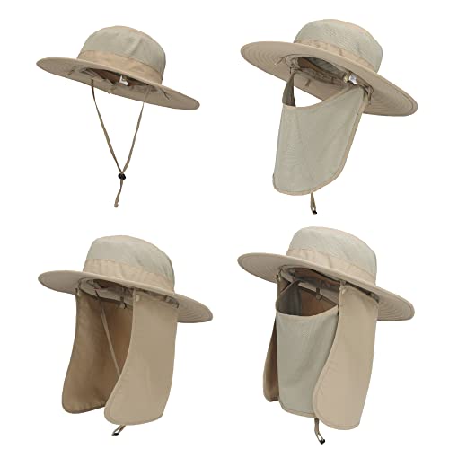 Outdoor Sun Hat UPF 50 Protection Waterproof Fishing hat Face Cover Summer Neck Flap Hat - color: Kakhi