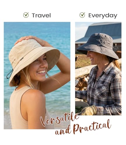 Bucket Sun Hat for Women, UPF 50+ Wide Brim, Packable, Waterproof Rain Hat for Hiking Outdoor Travel - color: Khaki