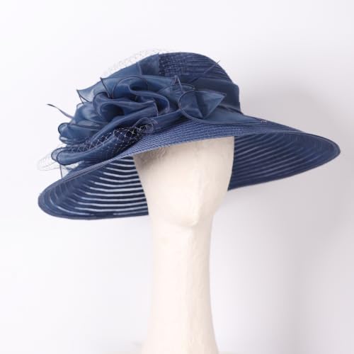 Wide Brim Church Hat for Women with Organza Flower Accent Ladies Dress Hat - color: Navy
