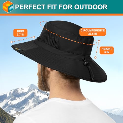 SUN CUBE Wide Brim Sun Hat for Men & Women, UPF 50+ UV Protection, Mesh Boonie Hat with Chin Strap, Fishing Hiking Hat - color: Black